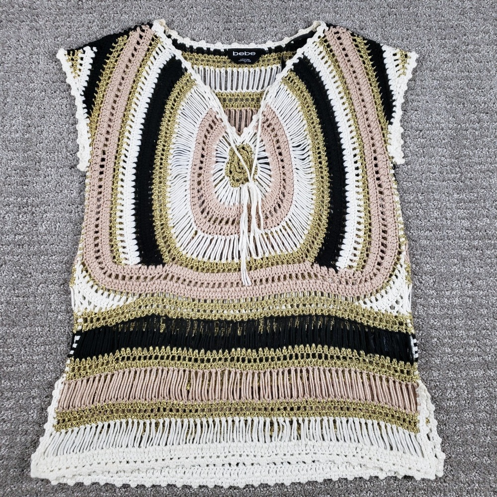 bebe Crochet Top Womens (S) Boho Cover-up Fringe Lace Vest 90s Y2k Fairycore